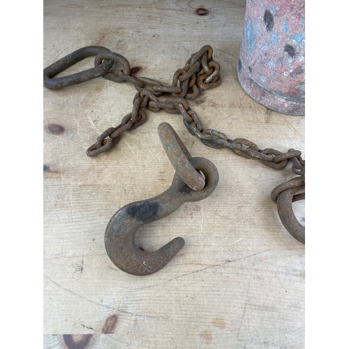 320 - Vintage Galvanised Bucket, Chains & Hooks