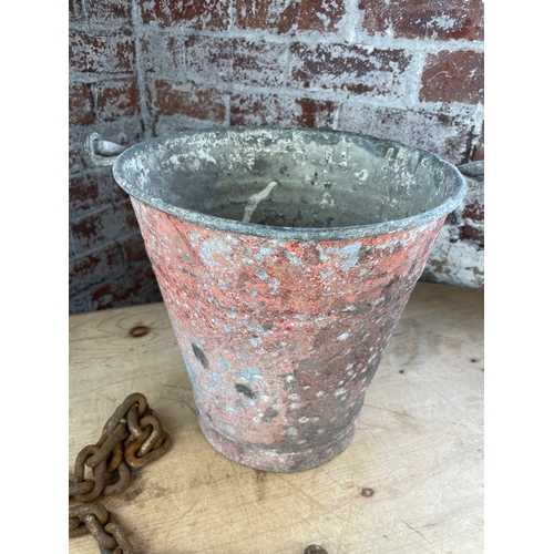 320 - Vintage Galvanised Bucket, Chains & Hooks