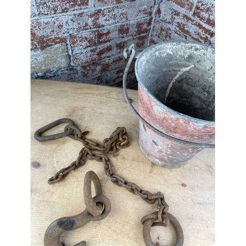 320 - Vintage Galvanised Bucket, Chains & Hooks