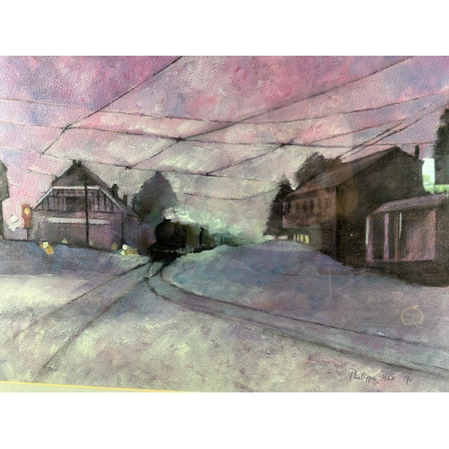 201 - Philippa Hall Winter Railway Scene Guache - 77 x 65 cm to Frame