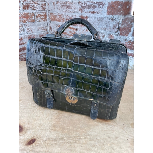 321 - 19th Century Crocodile Leather Vanity Case With Some Original Silver Items & Later Additions