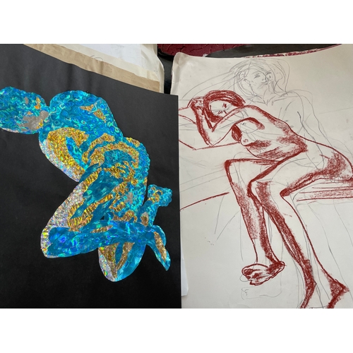 337 - Large Student Art Portfolio Inc. Block Prints & Life Drawing, Nudes.