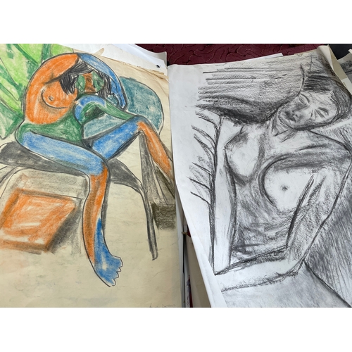 337 - Large Student Art Portfolio Inc. Block Prints & Life Drawing, Nudes.