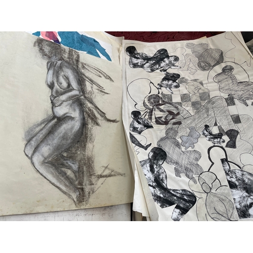 337 - Large Student Art Portfolio Inc. Block Prints & Life Drawing, Nudes.