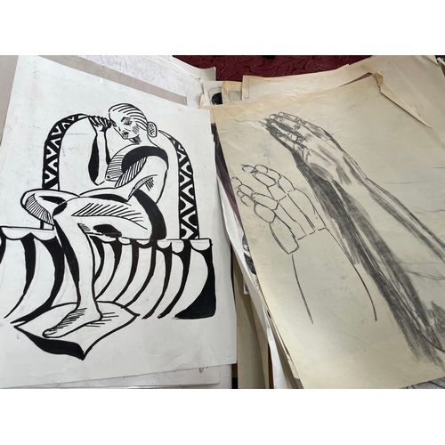 337 - Large Student Art Portfolio Inc. Block Prints & Life Drawing, Nudes.