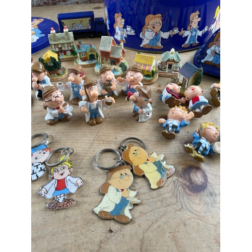 309 - Tin Of Tetley Tea Collectables Inc. Miniatures, Coasters, Key Rings, Toast Rack etc.