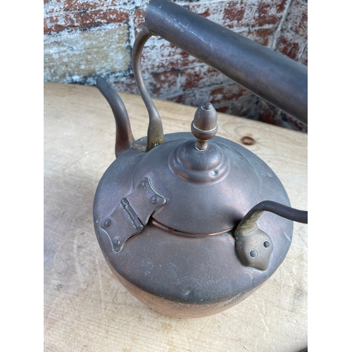 255 - Antique Copper Kettle With Hinged Lid & Small Copper Bed Pan. Previously Owned By The Sugden Family ... 