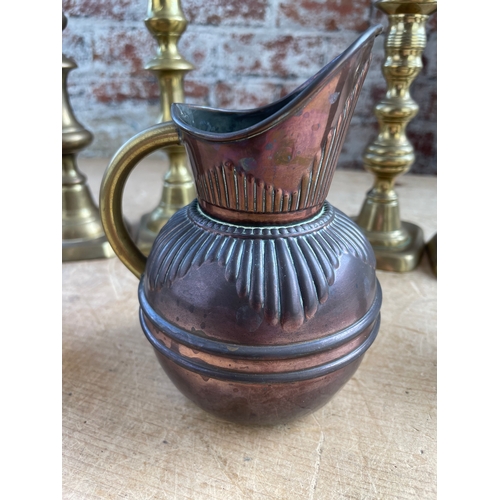 257 - Brass Candlesticks & Copper Item Inc. Good Quality Jug. Previously Owned By The Sugden Family Of Woo... 