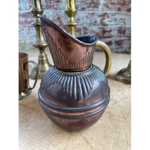 257 - Brass Candlesticks & Copper Item Inc. Good Quality Jug. Previously Owned By The Sugden Family Of Woo... 