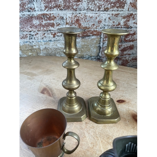 257 - Brass Candlesticks & Copper Item Inc. Good Quality Jug. Previously Owned By The Sugden Family Of Woo... 