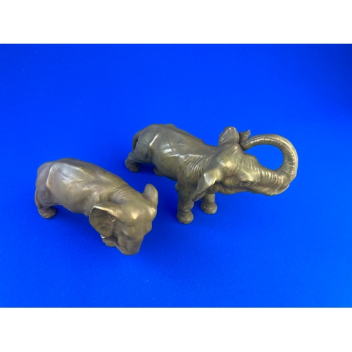 410 - Two Great Quality Porcelain Elephants With Dark Green Glaze & Gilt Detail