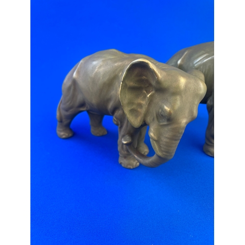 410 - Two Great Quality Porcelain Elephants With Dark Green Glaze & Gilt Detail