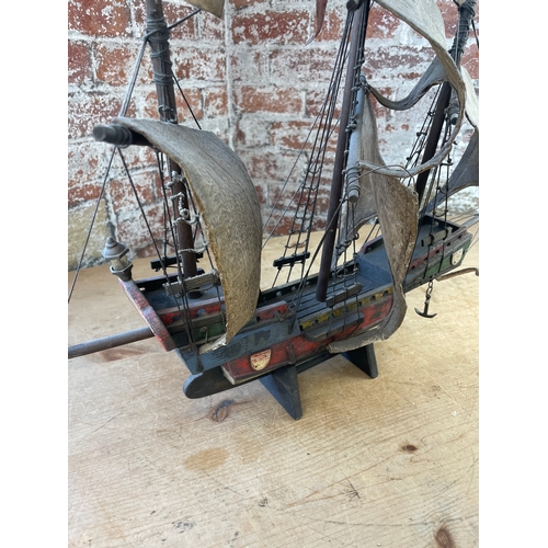 230 - Vintage Wooden Ship Model With Leather Sails