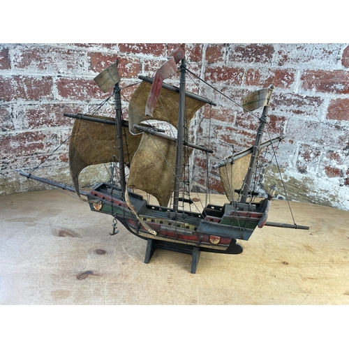 230 - Vintage Wooden Ship Model With Leather Sails