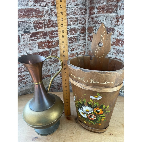 235 - Vintage Wooden Umbrella Stand & Large Brass & Copper Urn