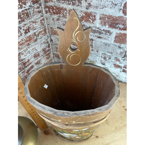 235 - Vintage Wooden Umbrella Stand & Large Brass & Copper Urn