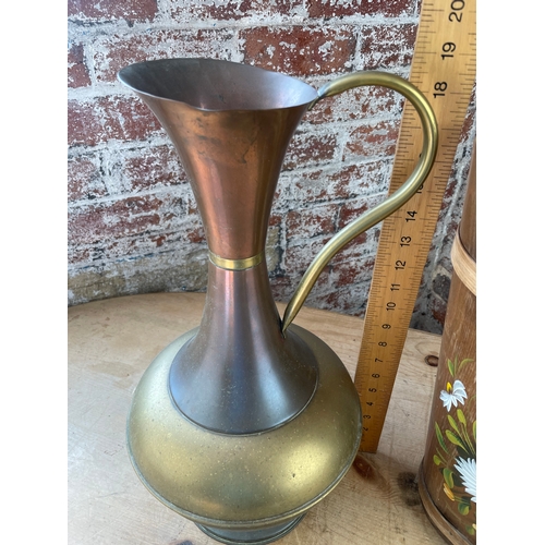 235 - Vintage Wooden Umbrella Stand & Large Brass & Copper Urn