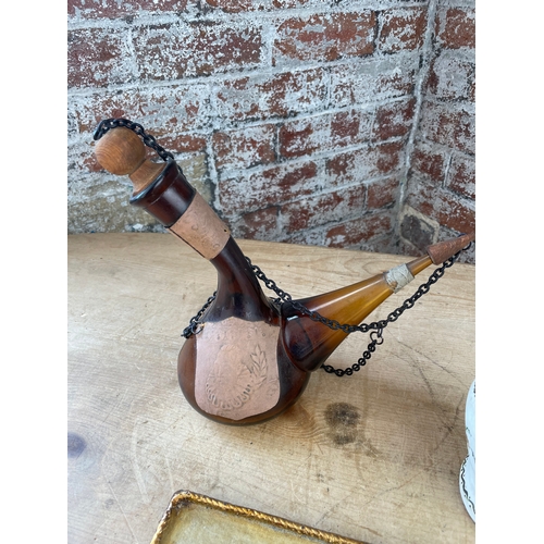 240 - Vintage Spanish Glass Carafe Or Decanter, Hand Painted Aquarius Board & Hand Painted Pottery Jug.