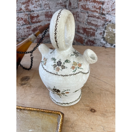 240 - Vintage Spanish Glass Carafe Or Decanter, Hand Painted Aquarius Board & Hand Painted Pottery Jug.