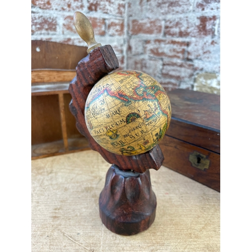 219 - Wooden Box, Small Desk Globe & Wooden Rack.