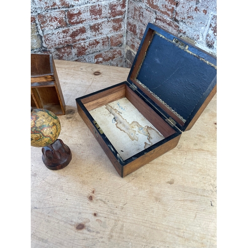 219 - Wooden Box, Small Desk Globe & Wooden Rack.