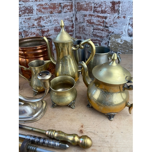 223 - Group Of Metalware Inc 4 Piece EPNS Tea Service, Large Brass Shell Casing & EPNS Candlestick