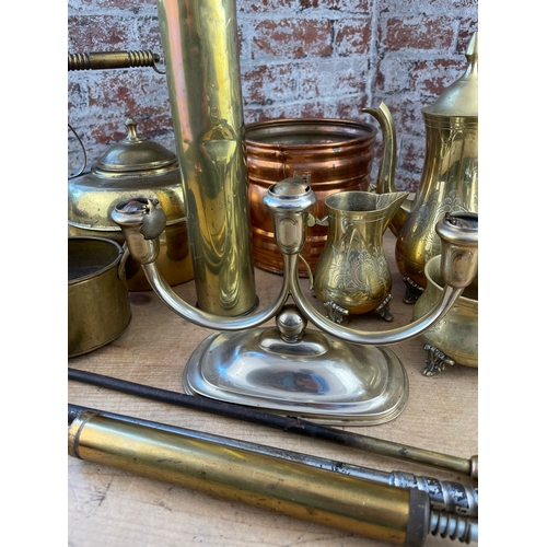 223 - Group Of Metalware Inc 4 Piece EPNS Tea Service, Large Brass Shell Casing & EPNS Candlestick