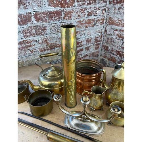 223 - Group Of Metalware Inc 4 Piece EPNS Tea Service, Large Brass Shell Casing & EPNS Candlestick