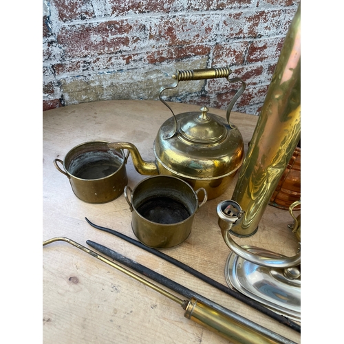 223 - Group Of Metalware Inc 4 Piece EPNS Tea Service, Large Brass Shell Casing & EPNS Candlestick