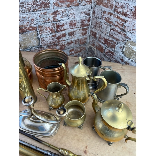 223 - Group Of Metalware Inc 4 Piece EPNS Tea Service, Large Brass Shell Casing & EPNS Candlestick