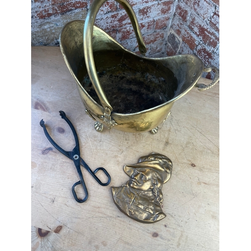 224 - Brass Coal Bucket, Tongs & Heavy Cast Brass Caviler Plaque.