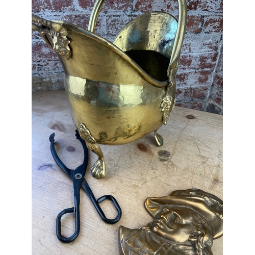 224 - Brass Coal Bucket, Tongs & Heavy Cast Brass Caviler Plaque.