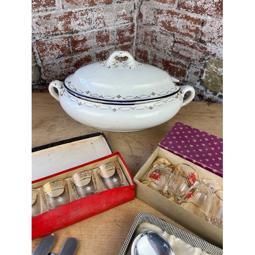 282 - Vintage Flatware, Boxed Vintage Tot Glasses & Large Booths Tureen