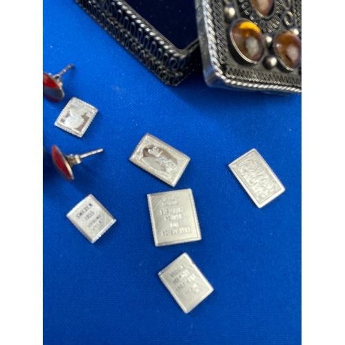 294 - Silver Plated Trinket Box With Sterling Silver Earrings & Sterling Silver Miniature Stamps