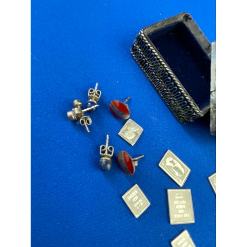 294 - Silver Plated Trinket Box With Sterling Silver Earrings & Sterling Silver Miniature Stamps