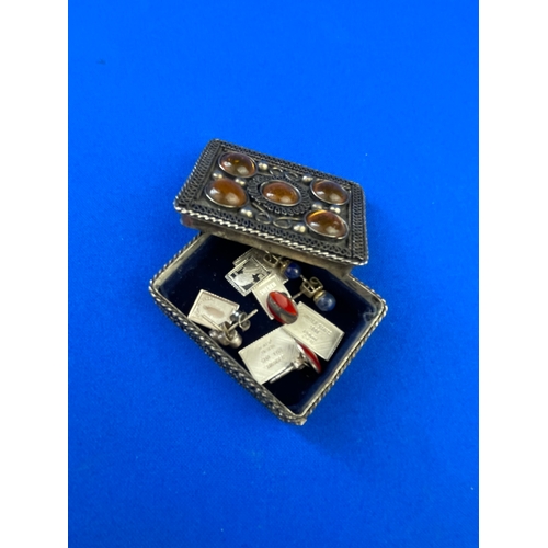 294 - Silver Plated Trinket Box With Sterling Silver Earrings & Sterling Silver Miniature Stamps