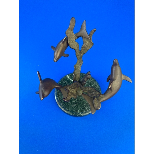 266 - Bronze Dolphin Figure, Three Circling Dolphins On Marble Base