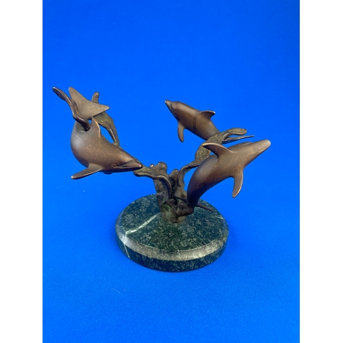 266 - Bronze Dolphin Figure, Three Circling Dolphins On Marble Base