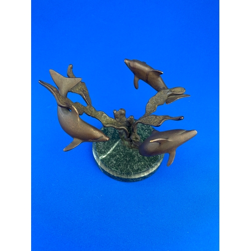 266 - Bronze Dolphin Figure, Three Circling Dolphins On Marble Base