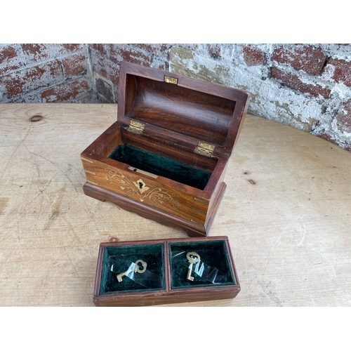 142 - Anglo Indian Wooden Jewellery / Trinket Chest With Brass Inlay & Two Keys