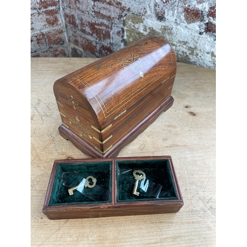 142 - Anglo Indian Wooden Jewellery / Trinket Chest With Brass Inlay & Two Keys