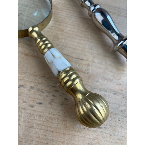 162 - Two Quality Magnifying Glasses. Brass & Mother Of Pear & Chrome Handles