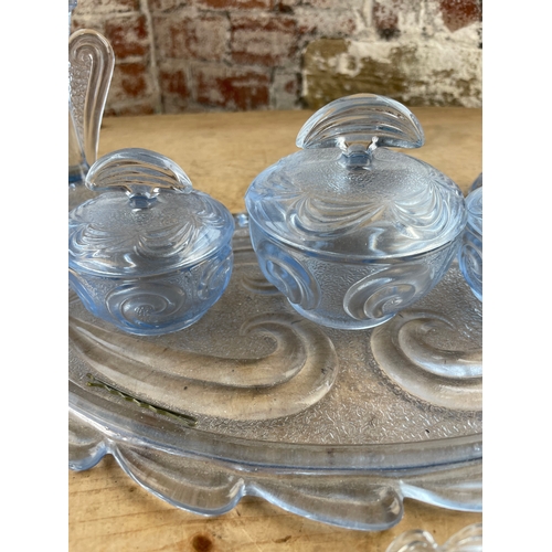 421 - Art Deco Blue Glass Dressing Table Set Complete