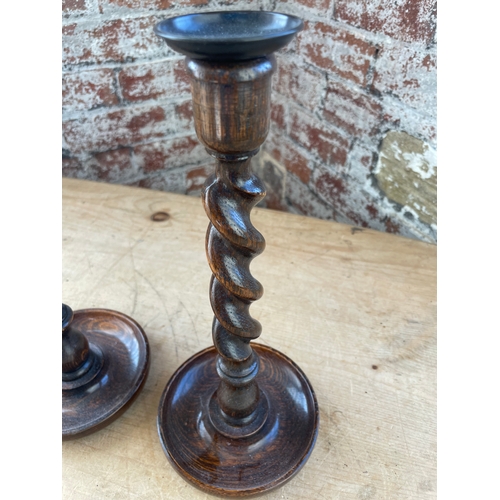 135 - Pair Of Quality Vintage Barley Twist Oak Candlesticks