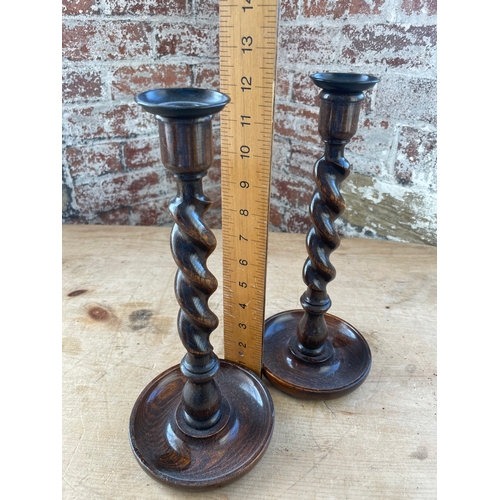 135 - Pair Of Quality Vintage Barley Twist Oak Candlesticks