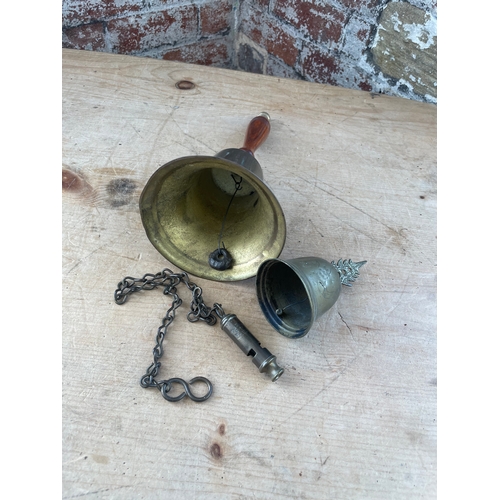 137 - Two Vintage Brass Bells & The EMCA City Whistle