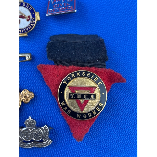 187 - Vintage Badges Inc. YMCA War Worker, W.V.S. Civil Defence, Red Cross, Bradford Royal Infirmary, St J... 