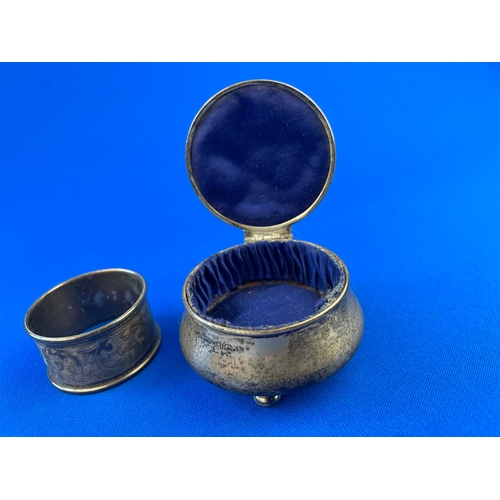 7 - Hallmarked Silver Napkin Ring And Trinket Box With Tortoiseshell Base. 85.8g Gross