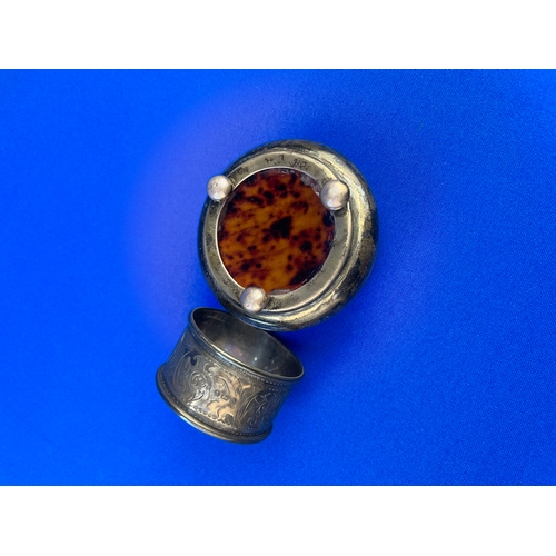 7 - Hallmarked Silver Napkin Ring And Trinket Box With Tortoiseshell Base. 85.8g Gross