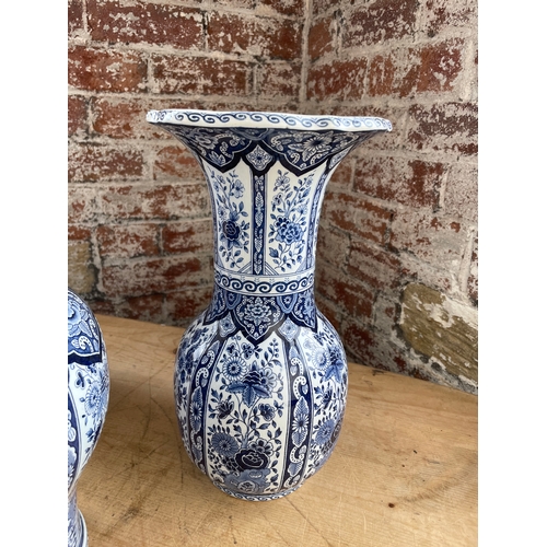 380 - Trio Of Antique Delft Blue & White Items, Two Vases One Urn